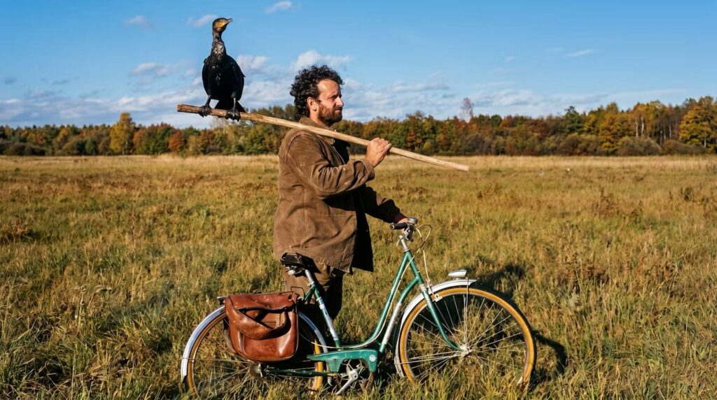 Patrick Lamaison à vélo dans les Barthes avec un cormoran